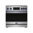 Stainless induction range with blue-trim control panel and black glass oven door