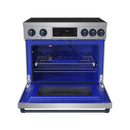 Stainless induction range with open oven showing blue interior racks and grill base