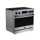 Stainless induction range with black glass cooktop and side cabinet trim