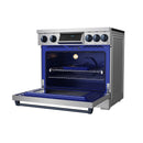 Stainless induction range with open oven and blue interior lighting