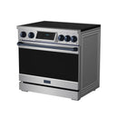 Stainless induction range with black glass door and blue accent strip on handle