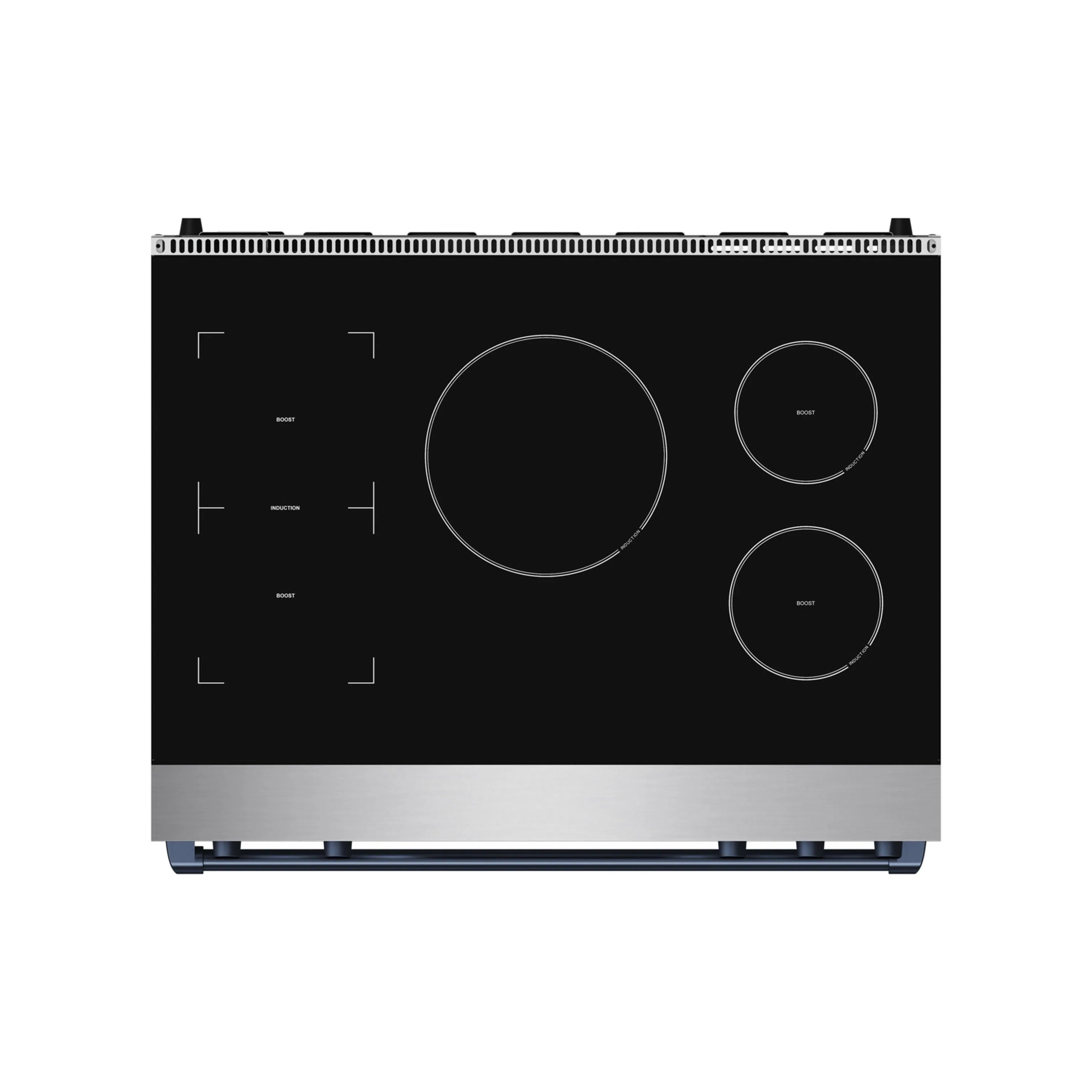 Induction cooktop panel with four round burners and touch controls, black glass