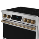 Stainless steel induction range with tilt control panel, bronze knobs, and black cooktop