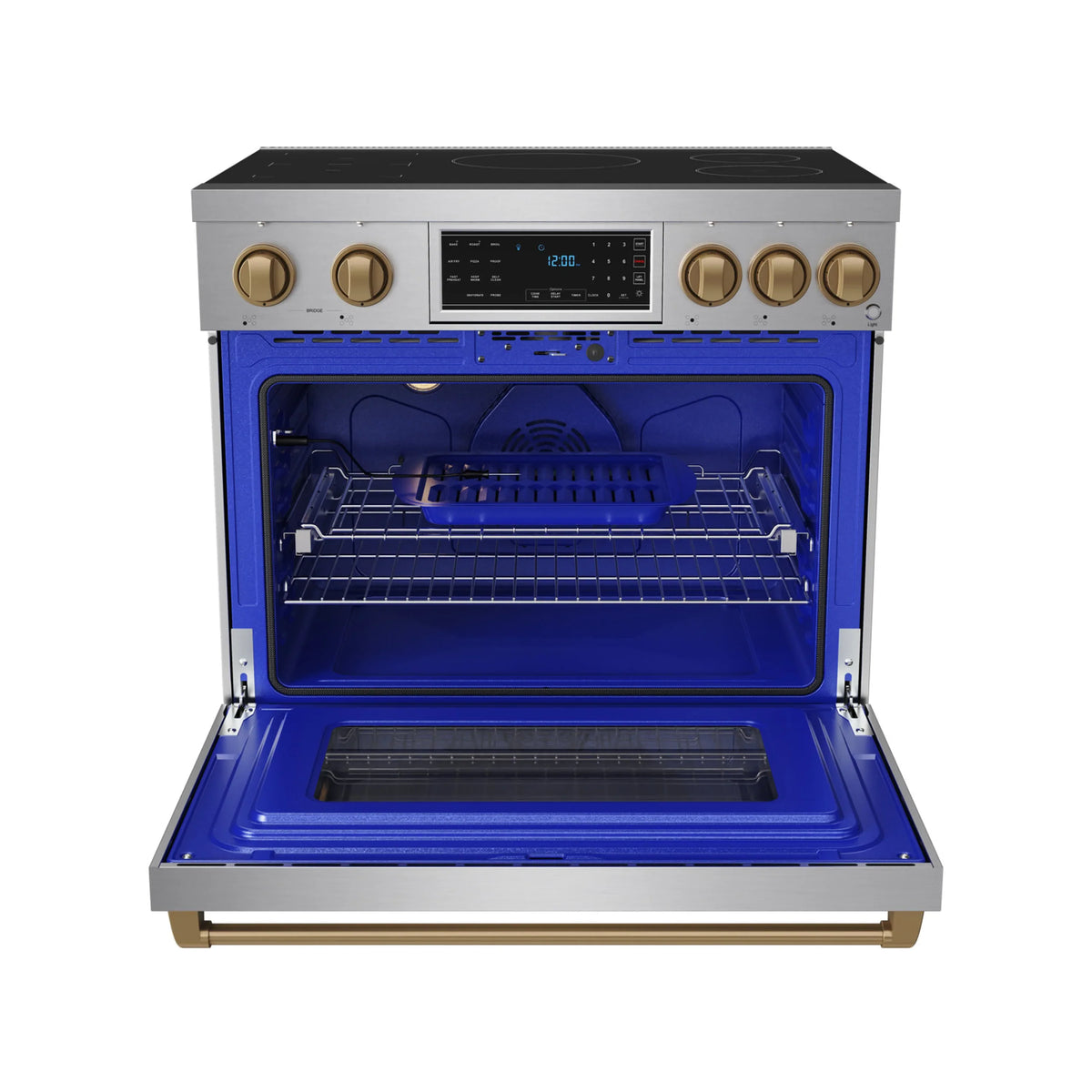 Induction range with oven door open, showing blue interior racks and bake tray