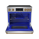 Stainless steel induction range with open oven door, blue interior, and bronze control knobs