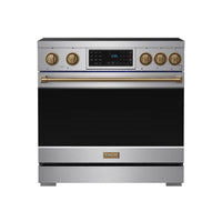 Stainless steel induction range with black oven door, bronze control knobs, and center display