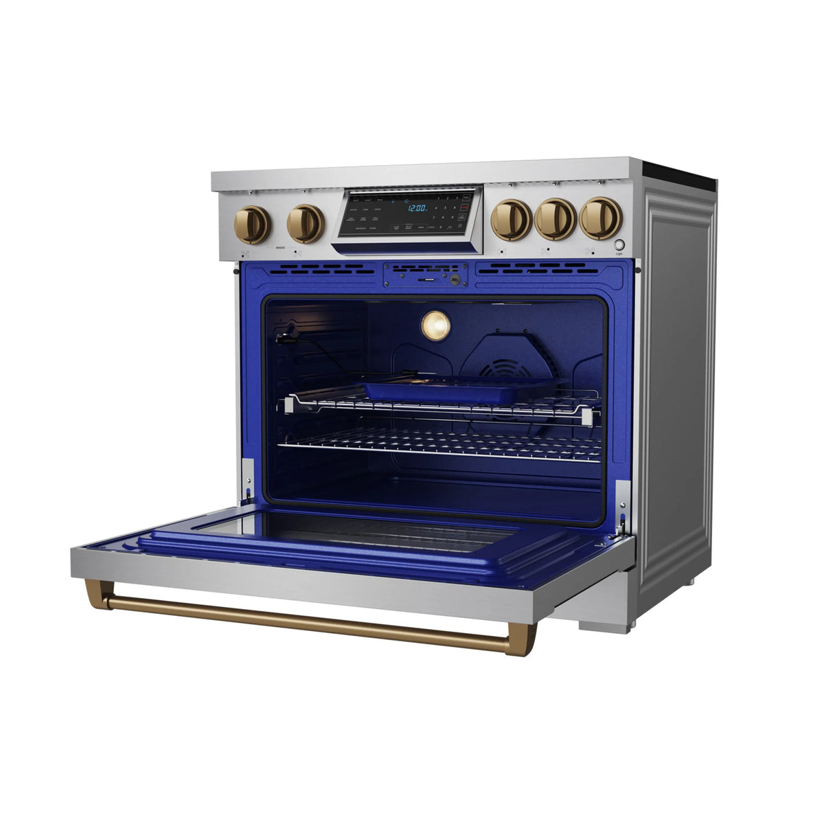 Induction range open oven door with blue-lit cavity and racks, bronze trim