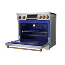 Stainless steel induction range with open oven, black racks, blue interior, and bronze controls