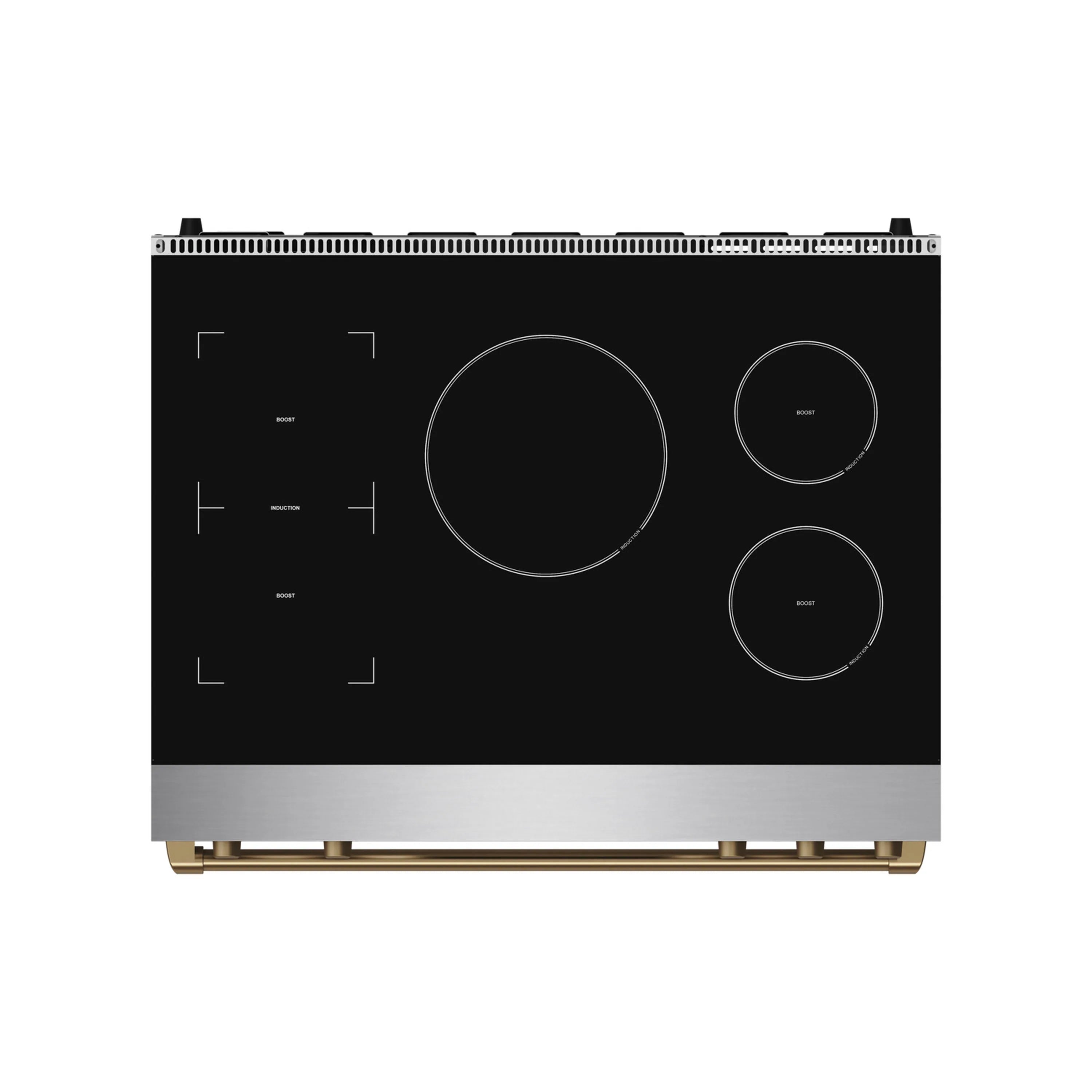 Black induction cooktop panel with four ceramic zones and stainless edge trim