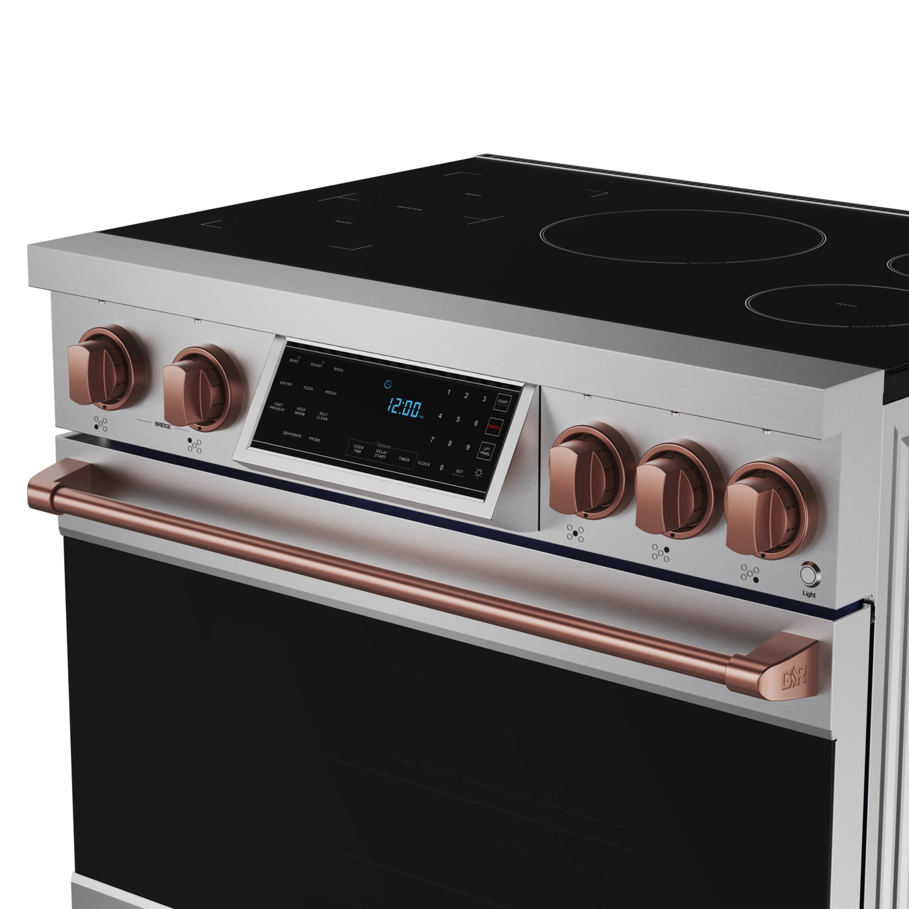 Stainless induction range with black glass cooktop, rose-gold knobs, and touch control panel