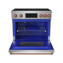 Stainless induction range with open oven showing blue interior rack and rose-gold knobs