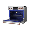 Stainless induction range with open oven and blue light, plus rose-gold control knobs