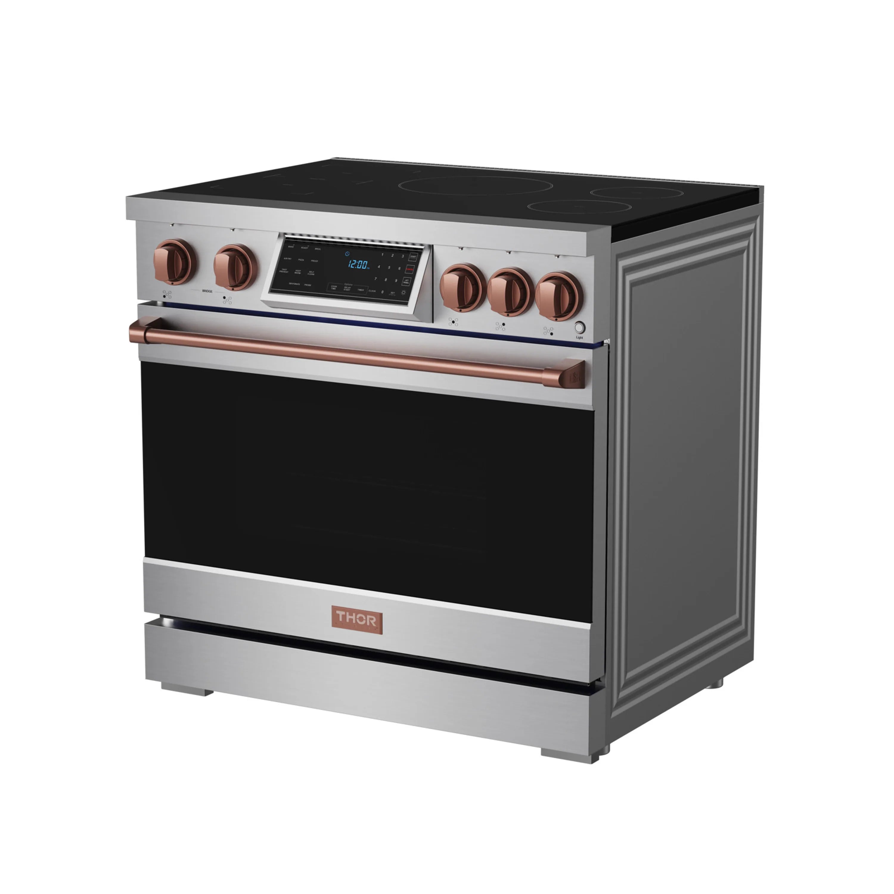 Stainless induction range with black glass cooktop, rose-gold knobs, and oven door