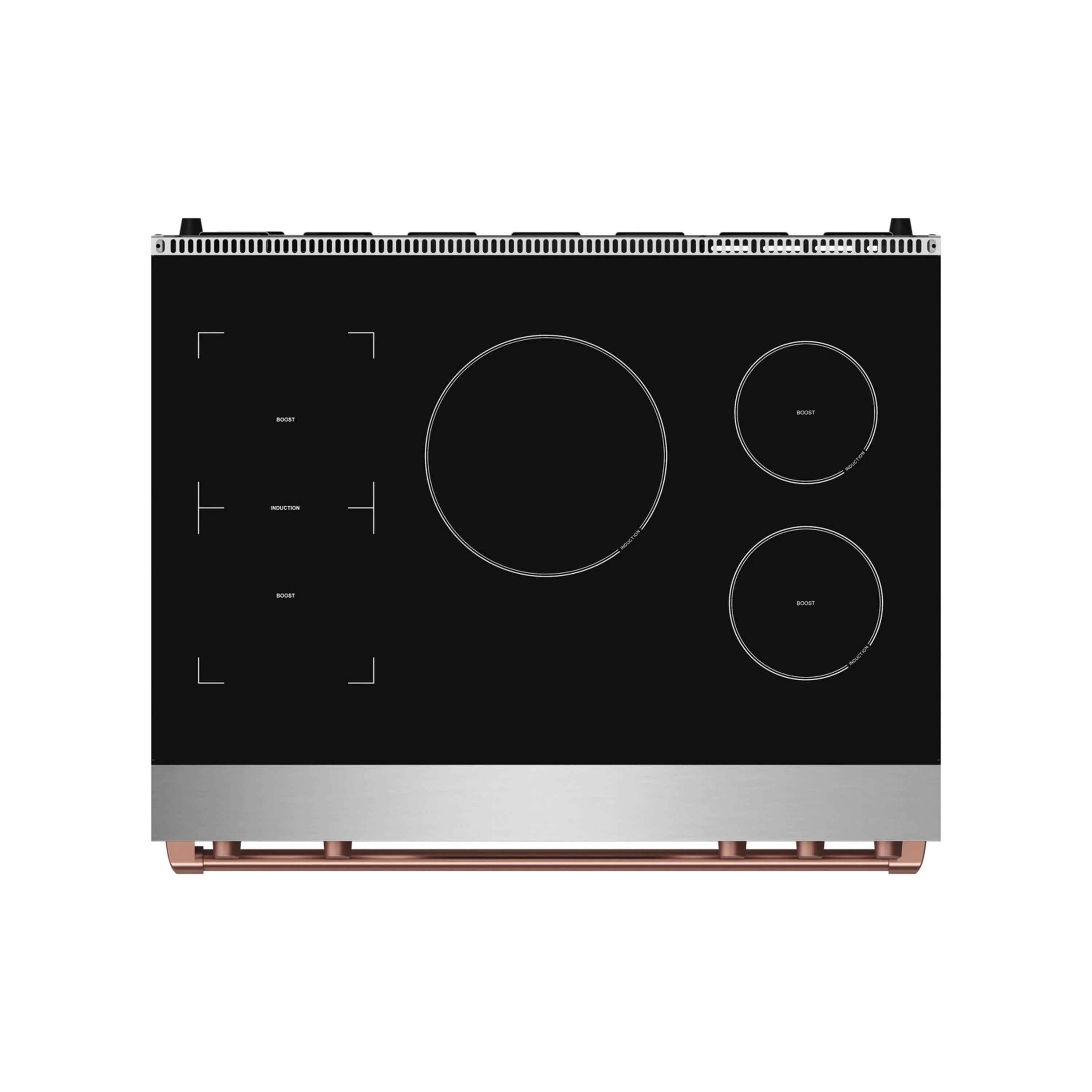 Black glass induction cooktop with round touch controls and rose-gold knob accents