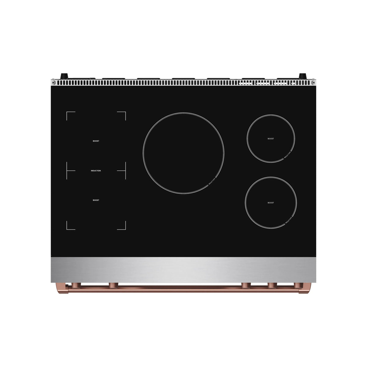 Black induction cooktop surface with touch controls and burner zones, stainless trim