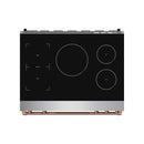 Black glass induction cooktop with round touch controls and rose-gold knob accents