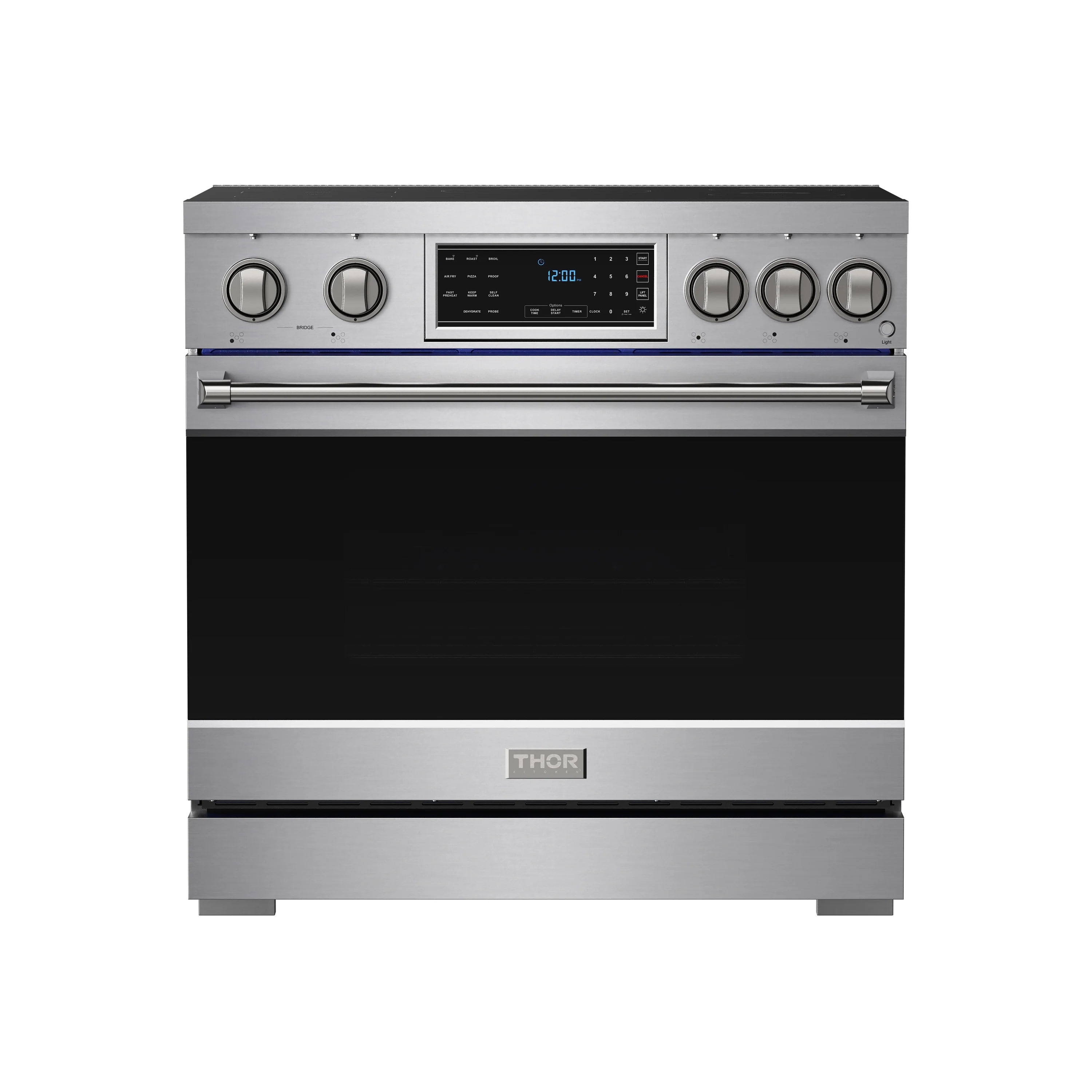 Stainless steel induction range with black oven door window and touch control display