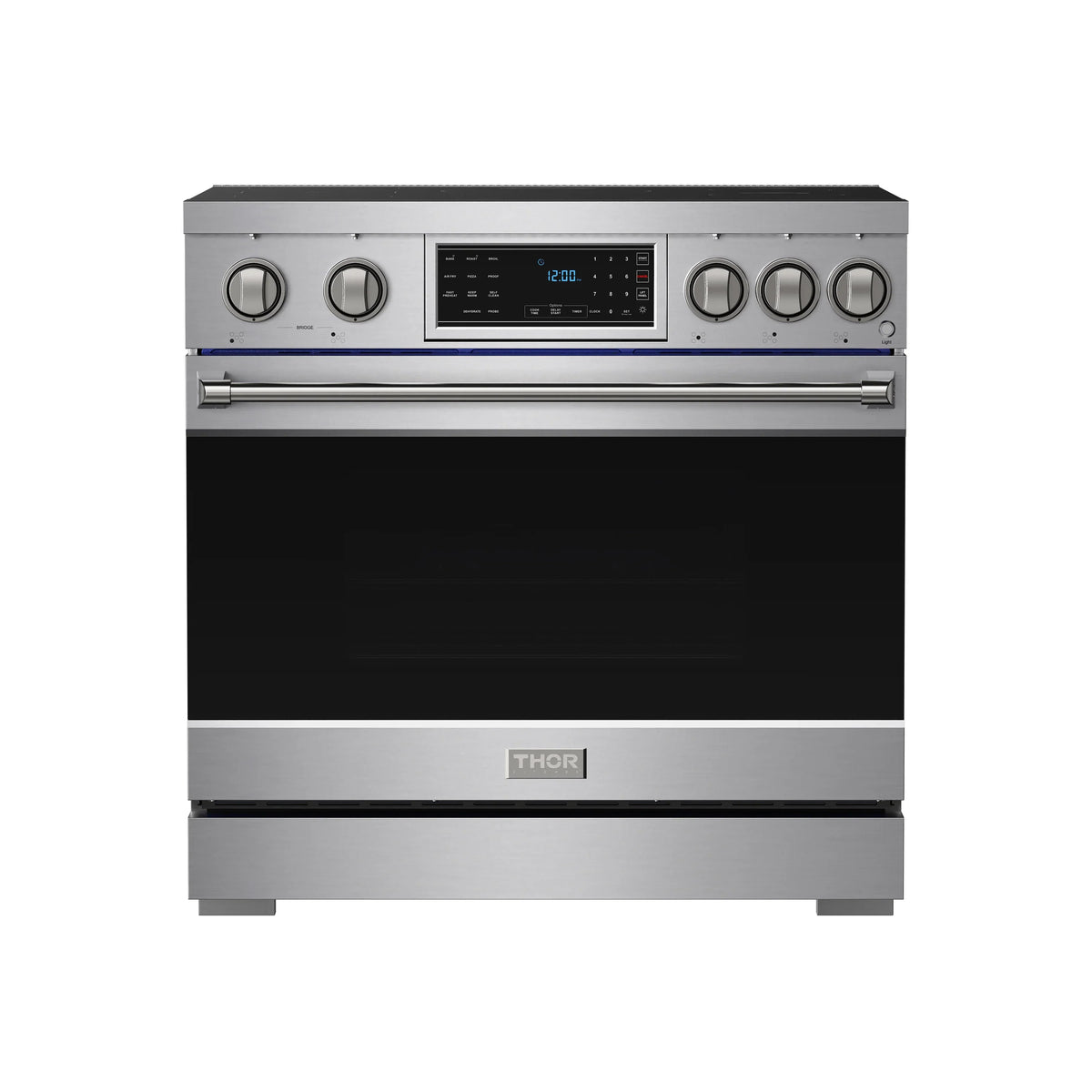 Stainless steel induction range with black oven door and digital control display