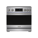 Stainless steel induction range with black oven door window and touch control display