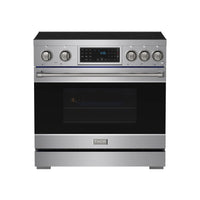 Stainless steel induction range with black oven window, metal handle, and touch panel