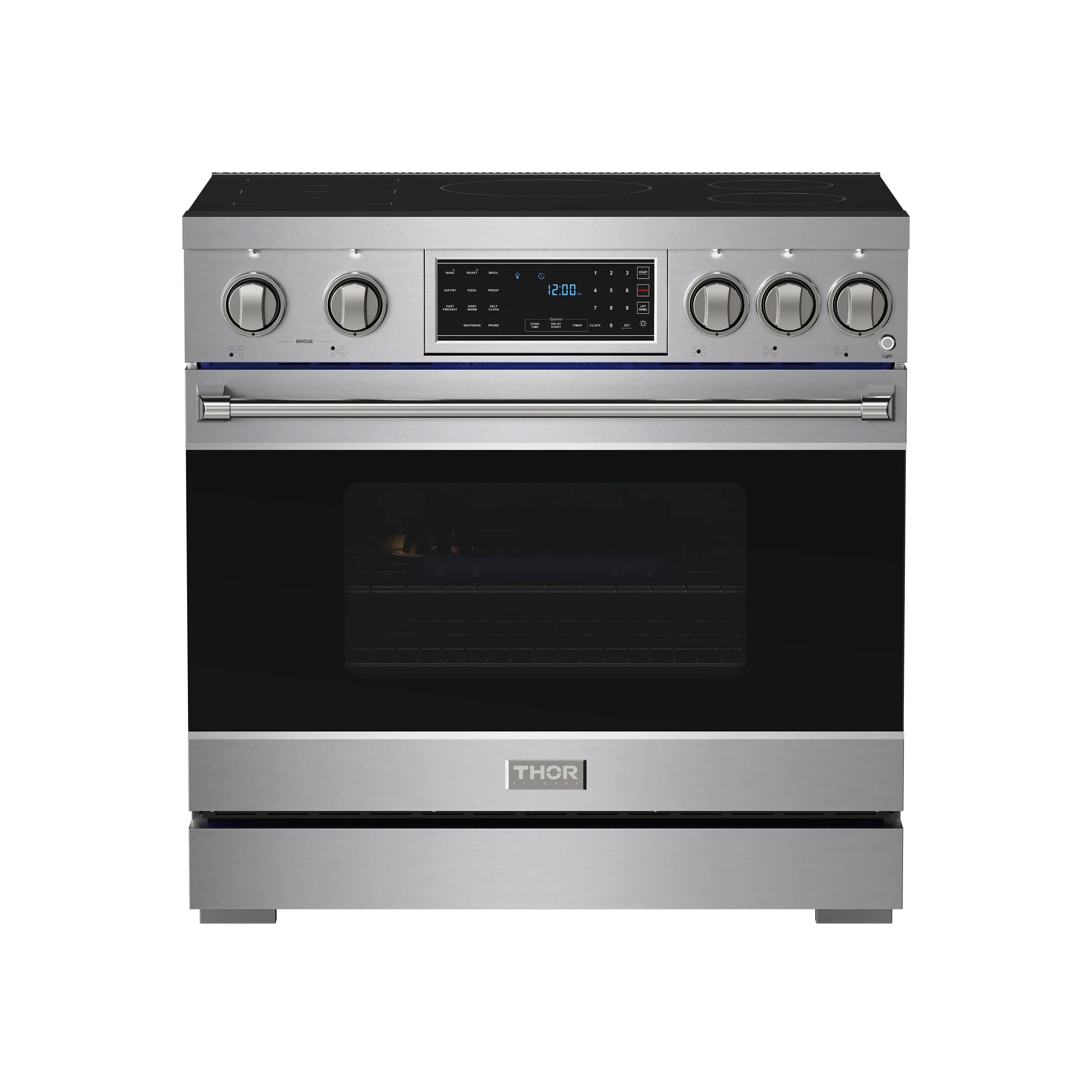 Stainless steel induction range with black glass cooktop and central control panel