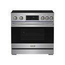 Stainless steel induction range with black oven window, metal handle, and touch panel