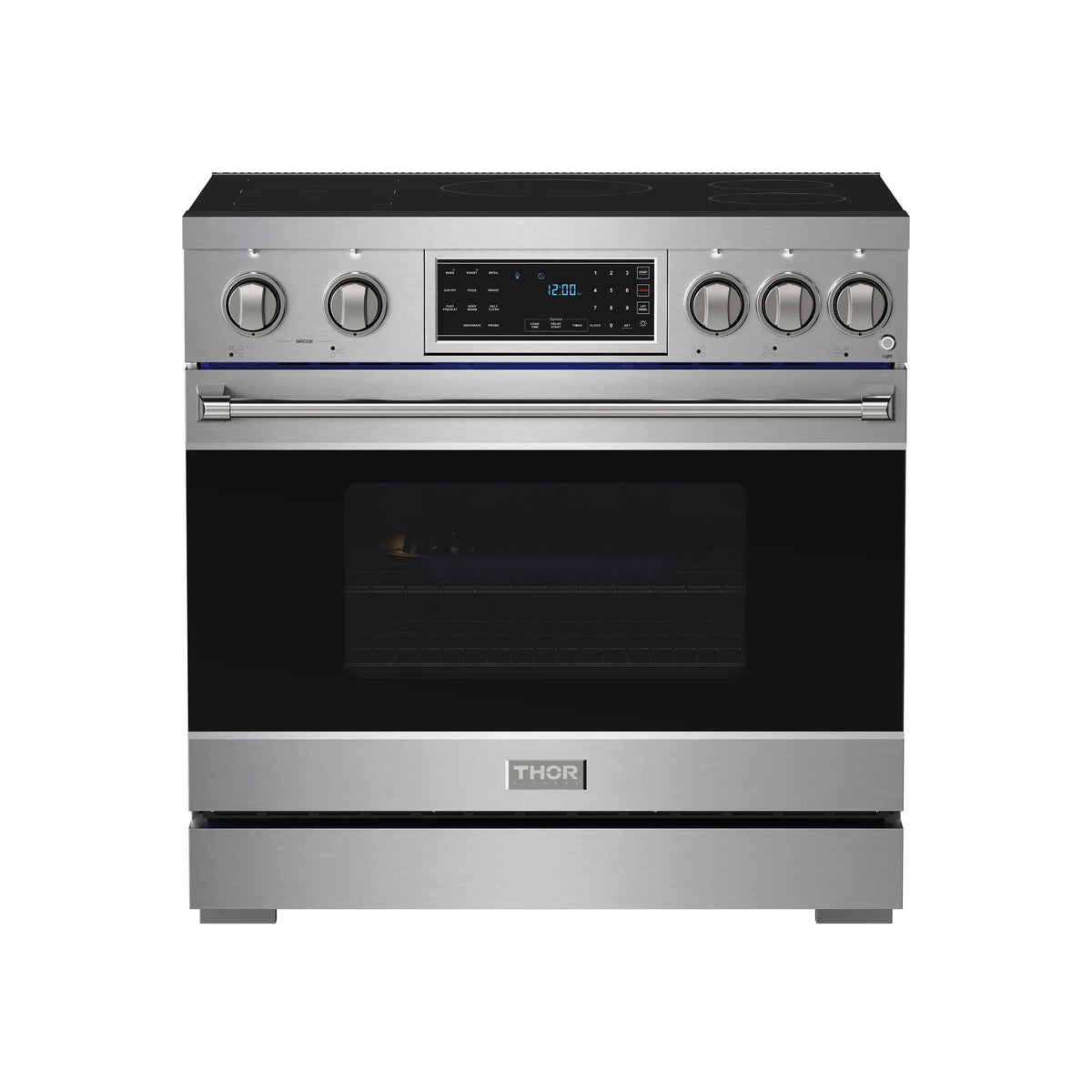 Stainless steel induction range with black oven window, metal handle, and touch panel