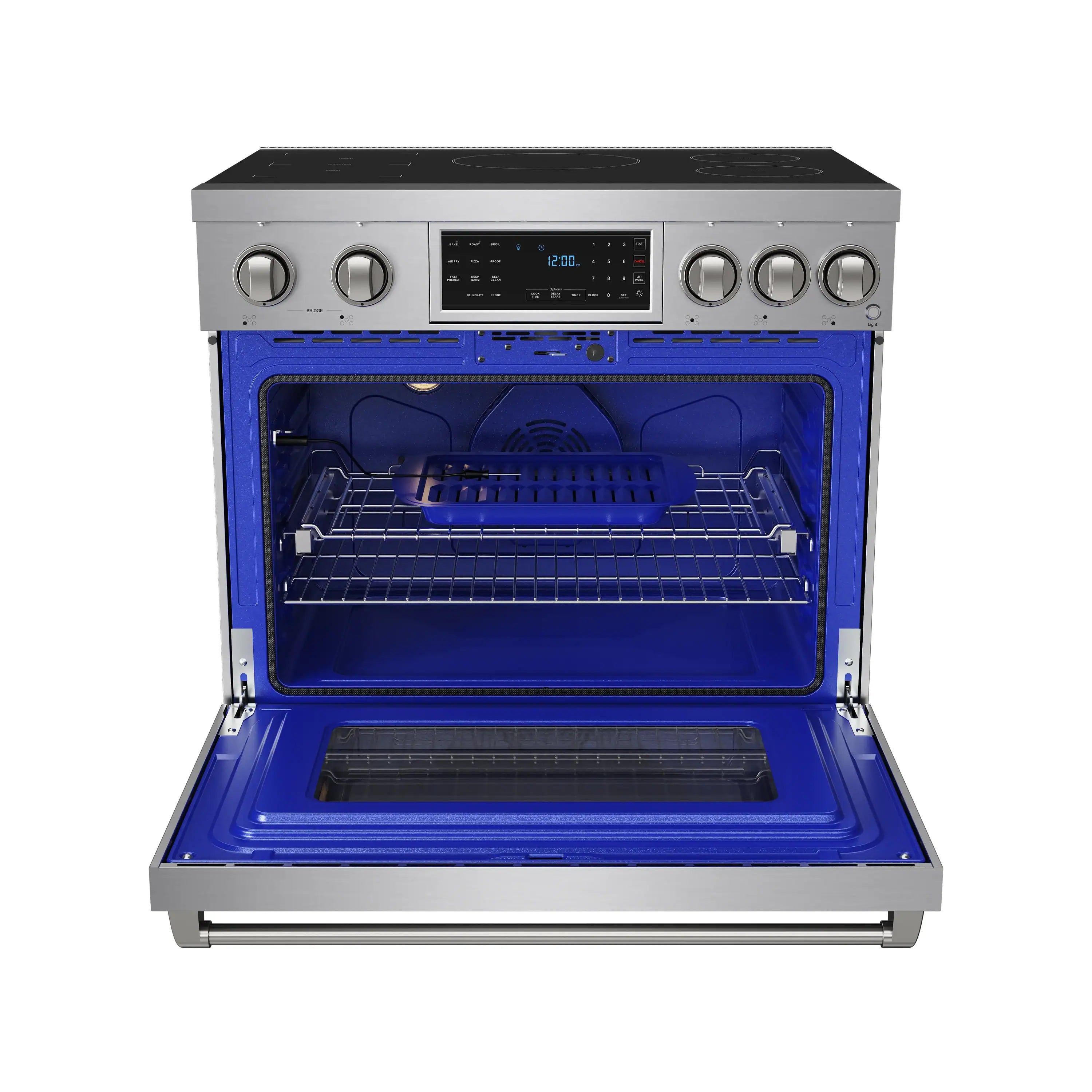 Stainless steel induction range with open oven showing blue interior liner and rack