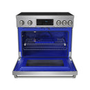 Stainless steel induction range with open oven showing blue interior liner and rack