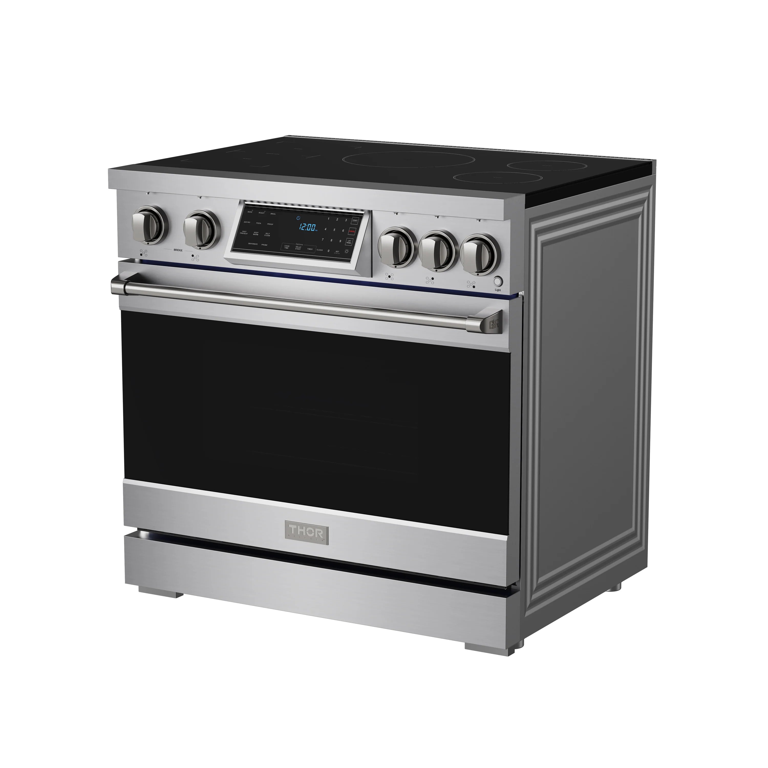 Stainless steel induction range with black glass cooktop, touch display, and oven door