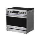 Stainless steel induction range with black glass cooktop, touch display, and oven door