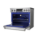 Induction range oven door open, showing blue interior liner, rack, and heating elements