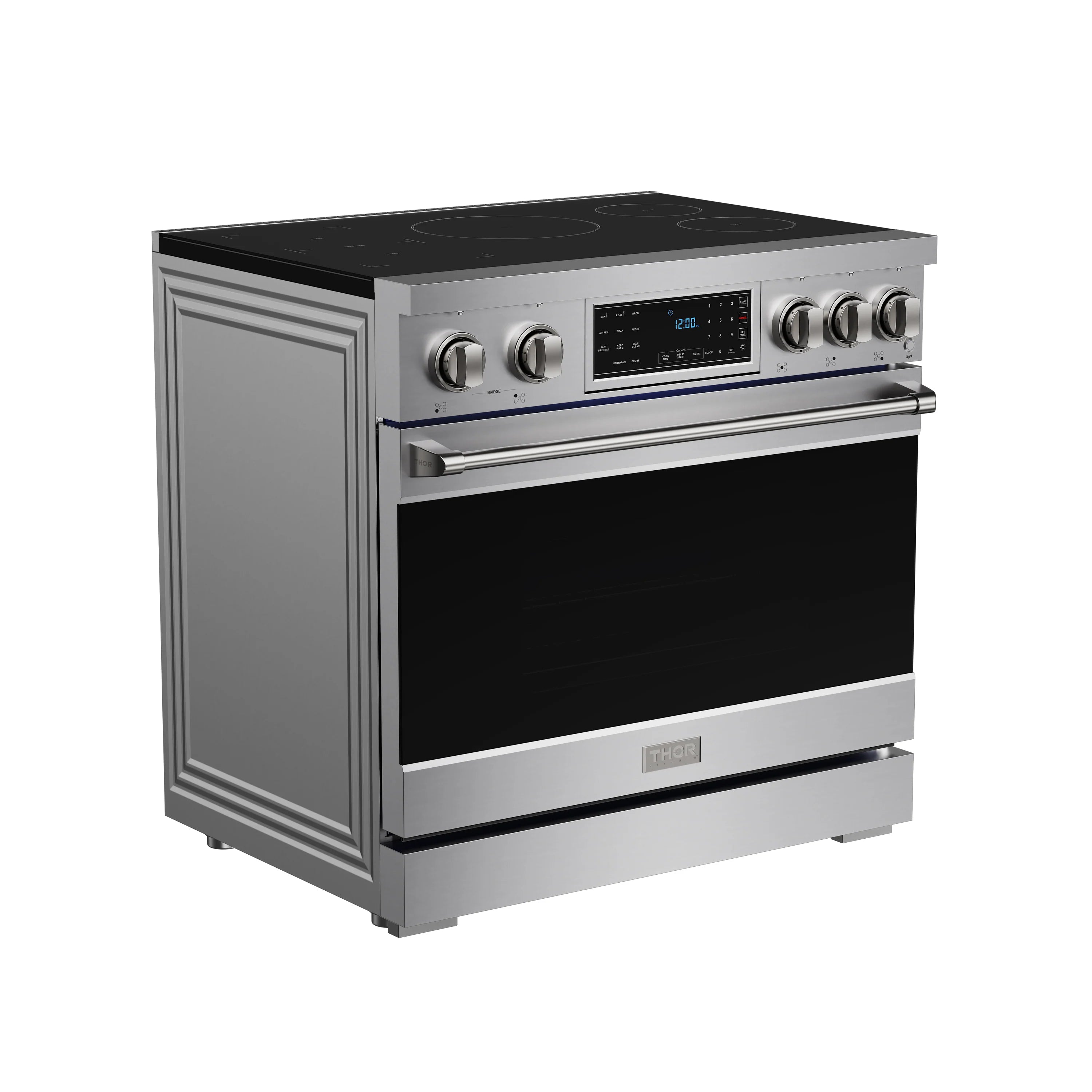 Stainless steel induction range with black glass cooktop, oven door, and control knobs