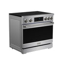 Stainless steel induction range with black glass cooktop, oven door, and control knobs