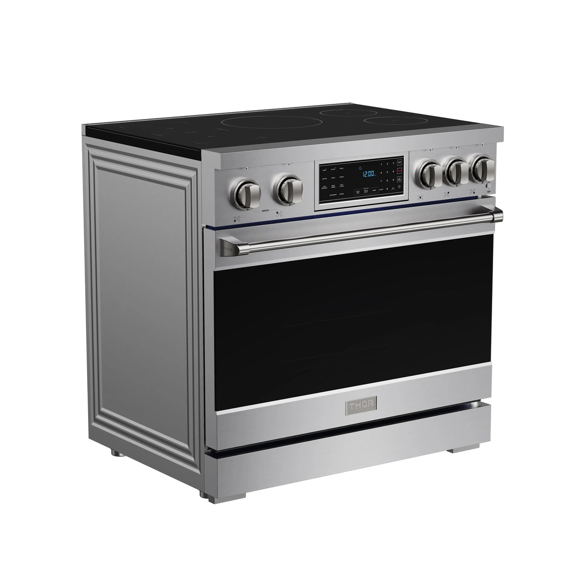 Stainless induction range side view with black glass cooktop and control knobs.