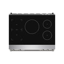 Black induction cooktop with four circular burner zones and stainless control edge