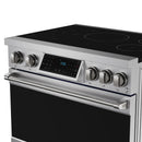 Stainless steel induction range with black glass cooktop and touch control panel