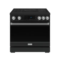 Black induction range with control panel, cooktop burners, and stainless front handle