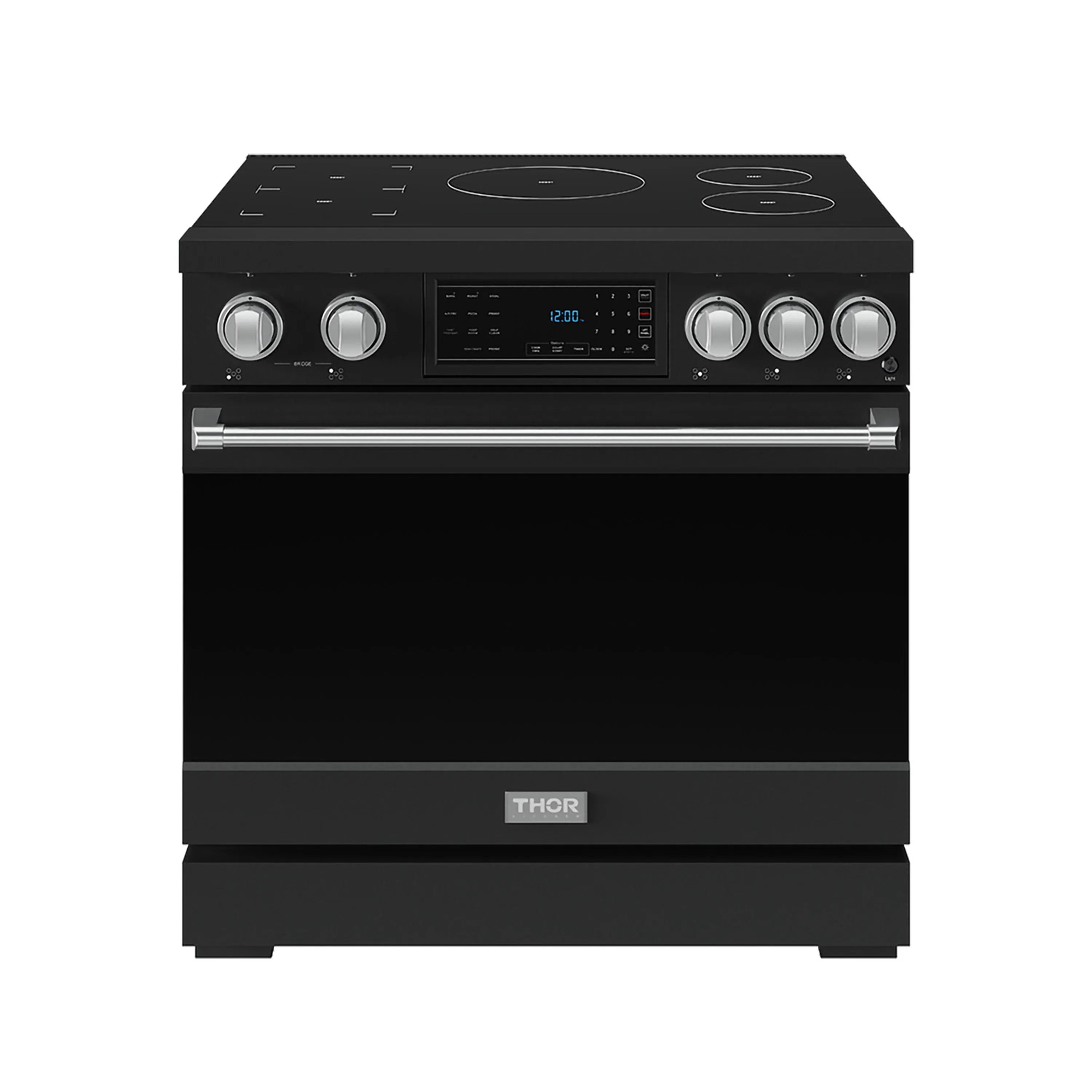 Black induction range with control panel, cooktop burners, and stainless front handle