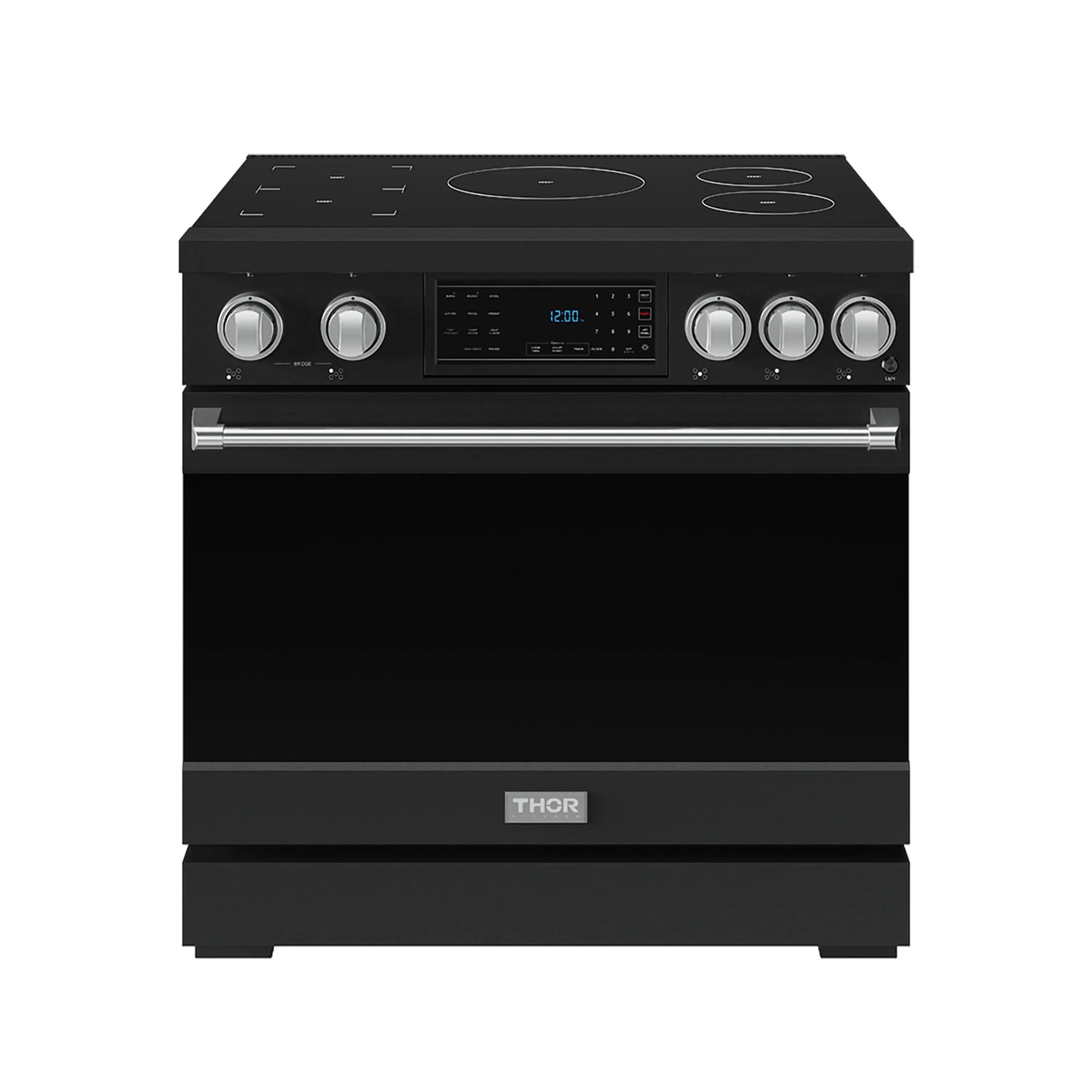 Black 36-inch induction range with stainless control panel and four cooktop zones