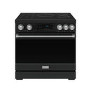Black induction range with control panel, cooktop burners, and stainless front handle