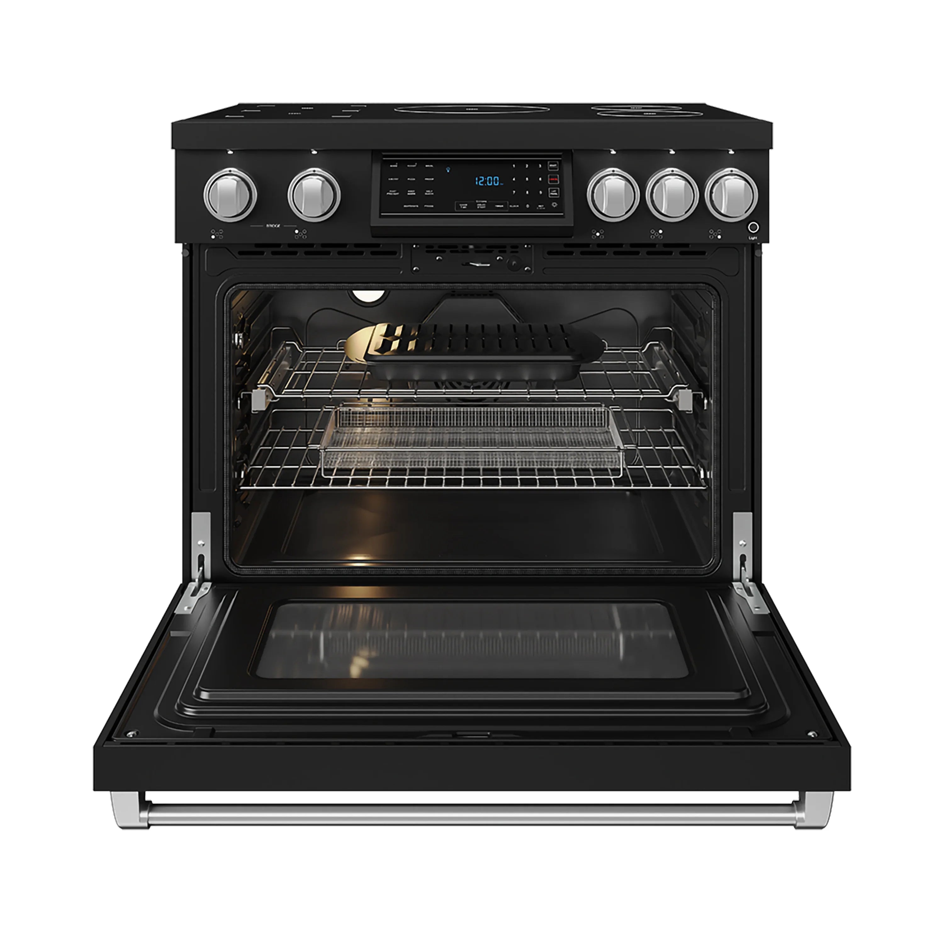 Black induction range with tilt-touch control panel and open oven door, stainless trim