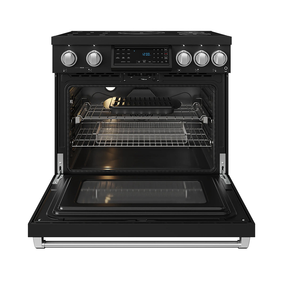 Black induction range with oven door open and racks visible inside