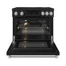 Black induction range with tilt-touch control panel and open oven door, stainless trim