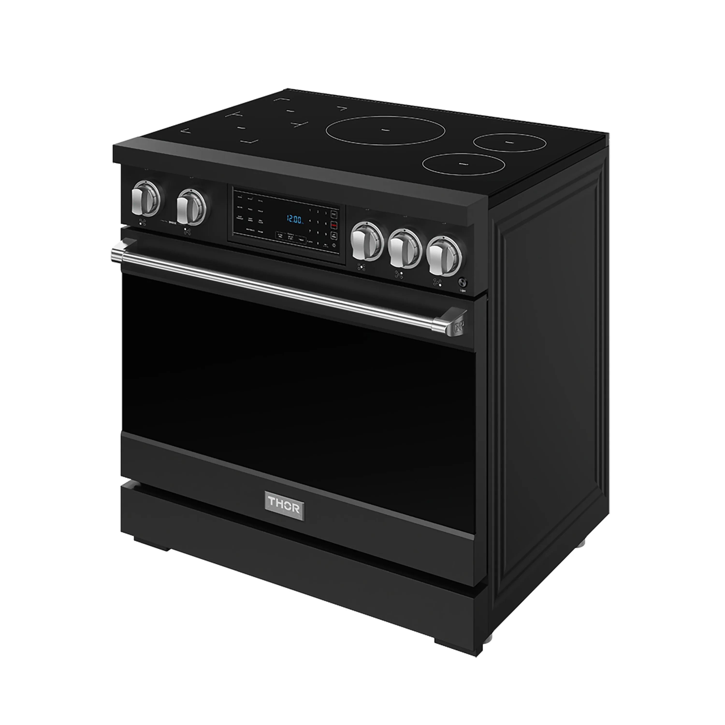 Black professional induction range with glass cooktop, control display, and silver knobs