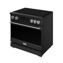 Black professional induction range with glass cooktop, control display, and silver knobs