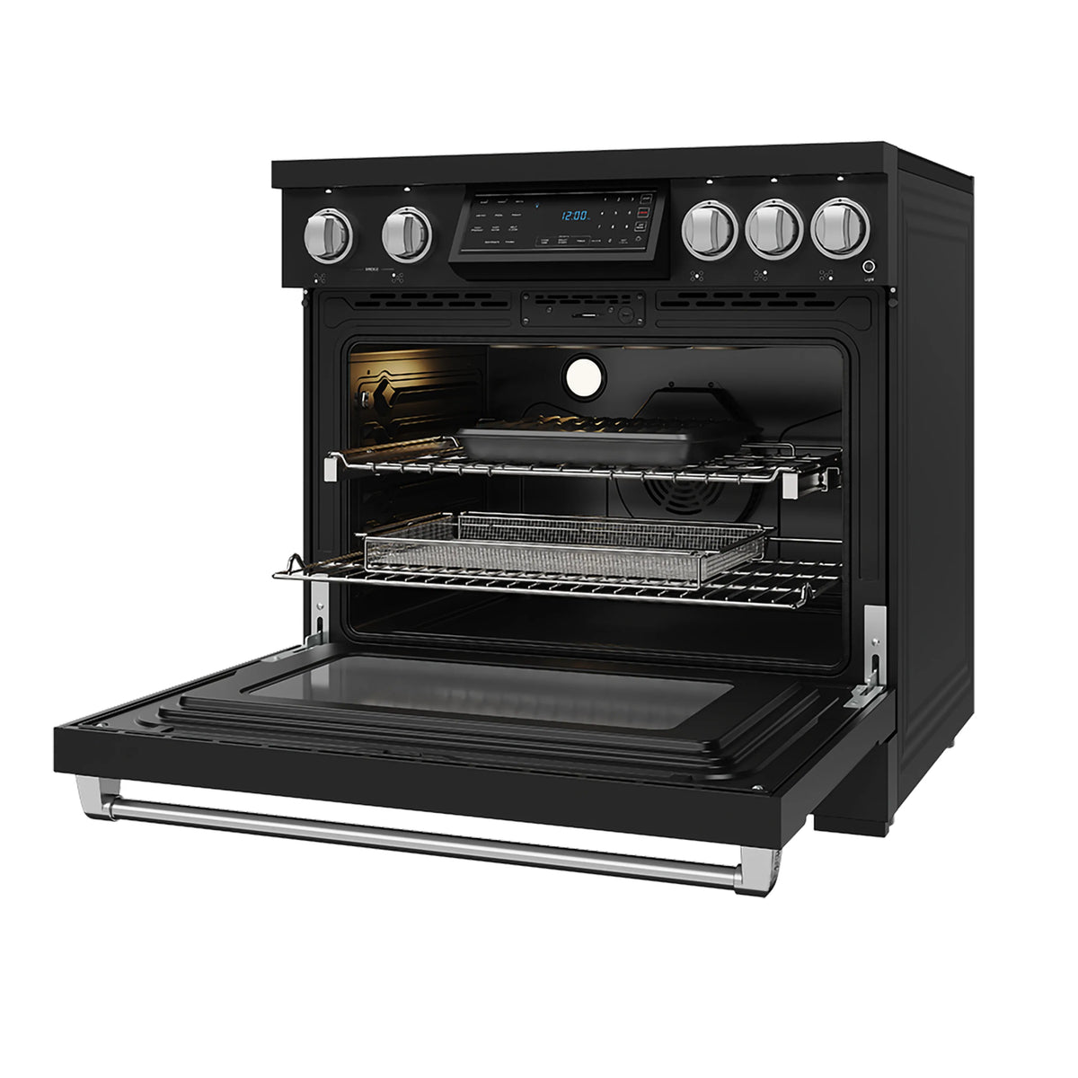 Black induction range with open oven door, heating area, and wire racks visible