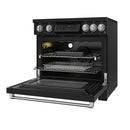 Black induction range with oven door open, wire rack inside, stainless handle trim