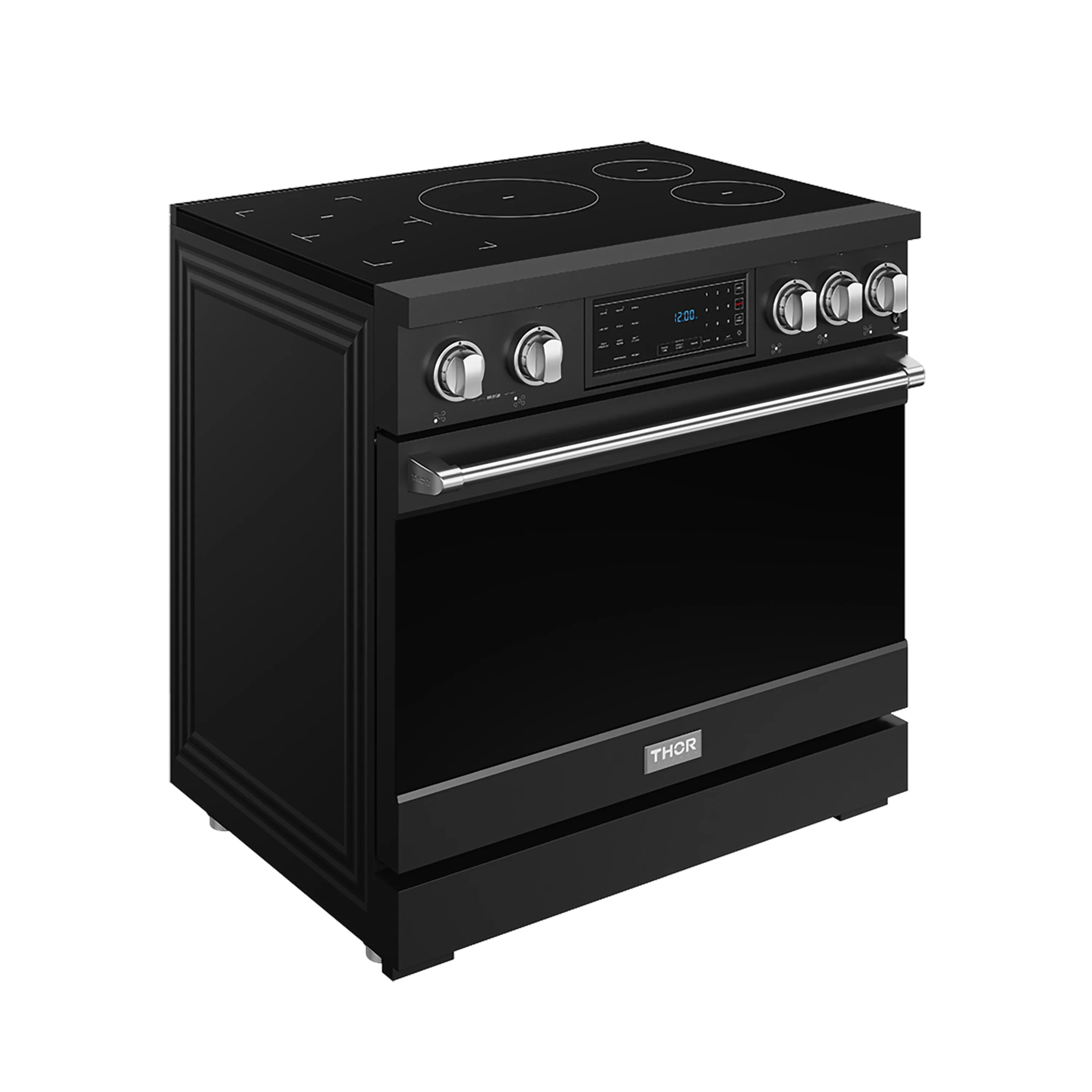 Black induction range with cooktop controls and stainless control bar, side view