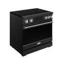 Black induction range with cooktop controls and stainless control bar, side view